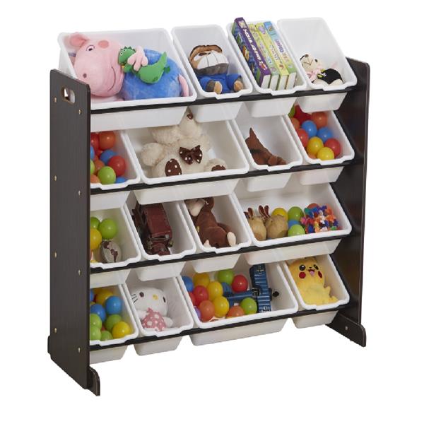 Wooden Kids' Toy Storage Organizer with 16 Plastic Bins,X-Large, Espresso / White