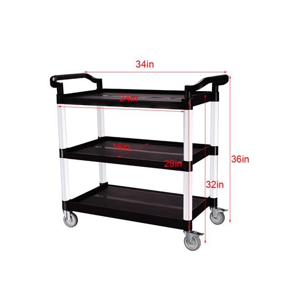 Heavy Duty 3-Shelf Rolling Service / Utility / Push Cart, 390 lbs. Capacity, Black, for Foodservice / Restaurant / Cleaning