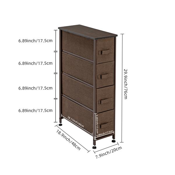 Narrow Dresser, Vertical Storage Unit With 4 Fabric Drawers, Metal Frame, Slim Storage Tower, 7.9" Width, For Living Room, Kitchen, Small Space, Gap, Brown