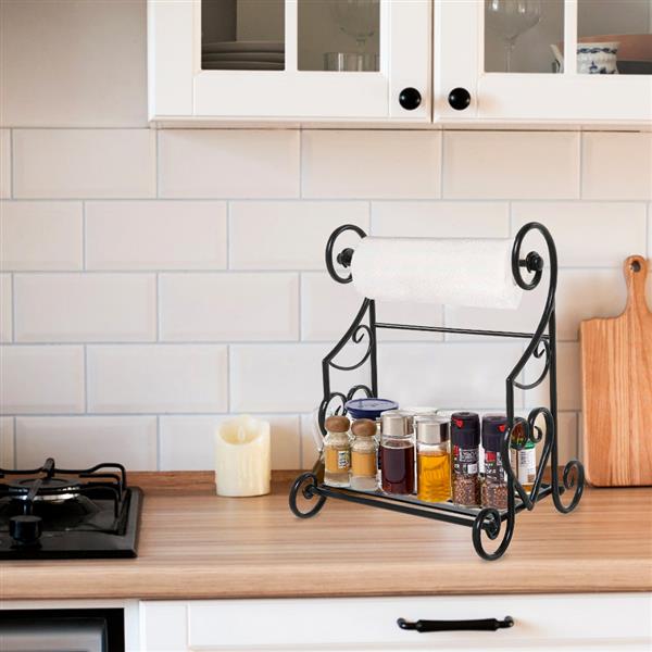 Freestanding Heart Scrollwork Black Metal Kitchen Countertop Paper Towel Holder Stand with Spice/Condiment Shelf Rack