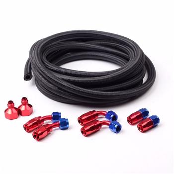 Universal 12ft AN-6 Black Nylon Braided Hose with 6pcs Red & Blue Hose Ends and 2pcs AN-6 to AN-10 F