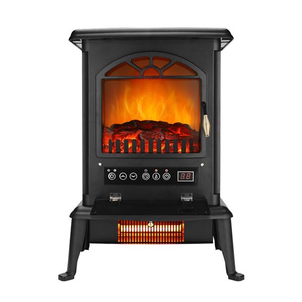 American Standard HT1217 1500W Freestanding Three-door Glass 3D Flame Fireplace with Remote Control/Fake Firewood/Single Color/3 Quartz Tubes/Black