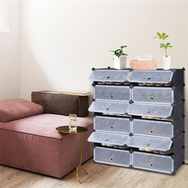 12-Cube Shoe Rack, DIY Plastic Storage Organizer,Modular closet cabinet with Doors