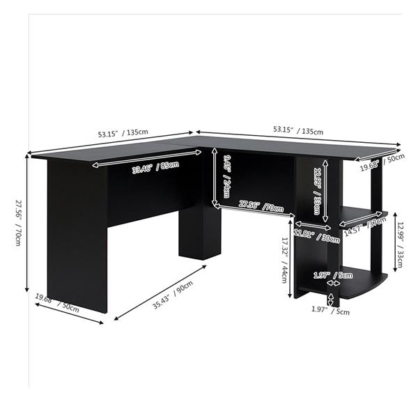 L-Shaped Wood Right-angle Computer Desk with Two-layer Bookshelves Black