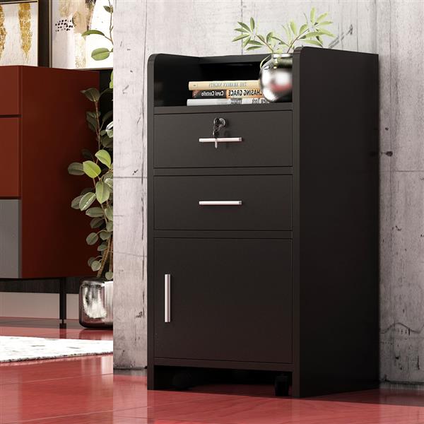 Salon Wood Rolling Drawer Cabinet Trolley Spa 3-layer Cabinet Equipment with A Lock Black