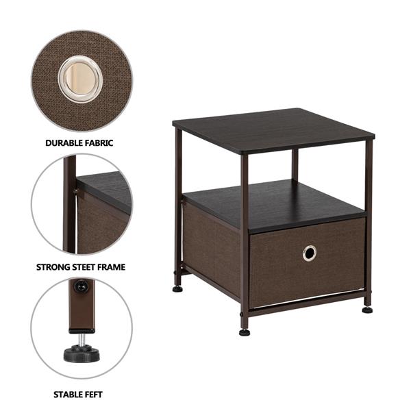 Nightstand 1-Drawer Shelf Storage- Bedside Furniture & Accent End Table Chest For Home, Bedroom, Office, College Dorm, Steel Frame, Wood Top, Easy Pull Fabric Bins Brown