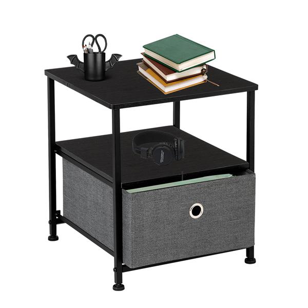 Nightstand 1-Drawer Shelf Storage- Bedside Furniture & Accent End Table Chest For Home, Bedroom, Office, College Dorm, Steel Frame, Wood Top, Easy Pull Fabric Bins Grey