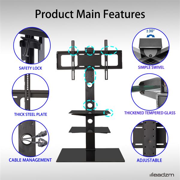 TSG003 32-65" Corner Floor TV Stand with Swivel Bracket 3-Tier Tempered Glass Shelves