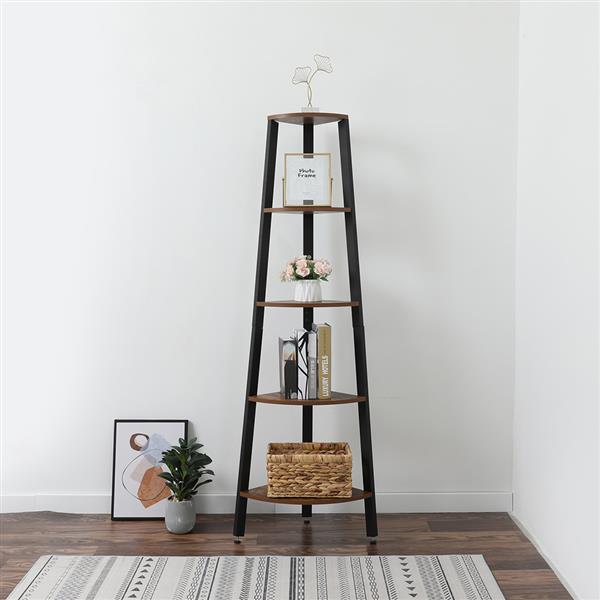 Corner Shelf, 5-Tier Bookshelf, Plant Stand, Wood Look Accent Bookcase Furniture with Metal Frame, for Home and Office, Rustic Brown