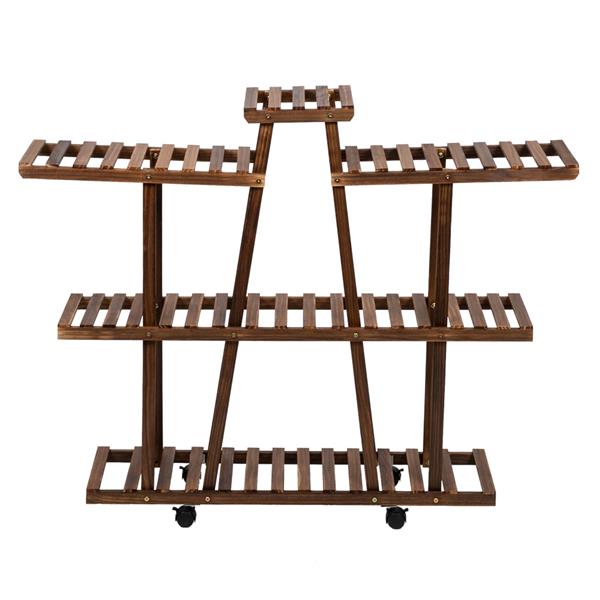 3-Layer 9-Seat Indoor And Outdoor Multifunctional Carbonized Ribbon Wheel Wooden Plant Stand