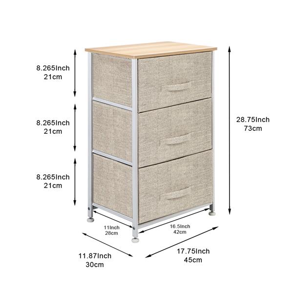 3-Tier Dresser Drawer, Storage Unit with 3 Easy Pull Fabric Drawers and Metal Frame, Wooden Tabletop, for Closets, Nursery, Dorm Room, Hallway, Grey