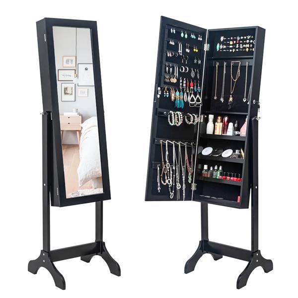 Non Full Mirror Wooden Floor Standing 4-Layer Shelf Jewelry Storage Adjustable Mirror Cabinet *Black