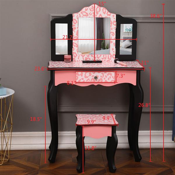 Three-Fold Mirror Single Drawer Arc Feet Children Dresser Red Leopard Print