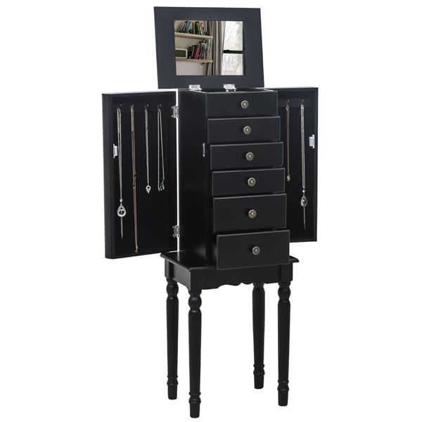 Standing Jewelry Armoire with Mirror, 5 Drawers & 8 Necklace Hooks, Jewelry Cabinet Chest with Top Storage Organizer , 2 Side Swing Doors(Black)