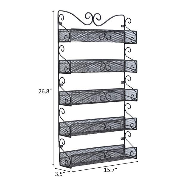 5 Tier Black Wall Mounted Spice Rack Organizer