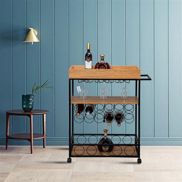 Industrial Wine Rack Cart Kitchen Rolling Storage Bar Wood Table Serving Trolley