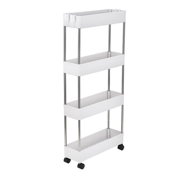 4-Layer Ultra-thin, Mobile Multi-functional Slim Storage Cart,Suitable for Kitchen, Bathroom, Laundry Room Narrow Place, Plastic and Stainless Steel, White