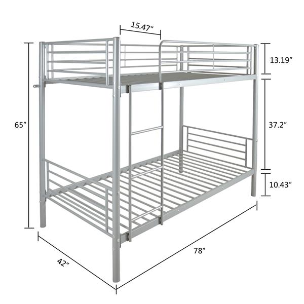 Iron Bed Bunk Bed with Ladder for Kids Twin Size Gray