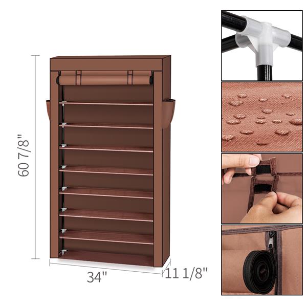 10 Tiers Shoe Rack with Dustproof Cover Closet Shoe Storage Cabinet Organizer Mocha 