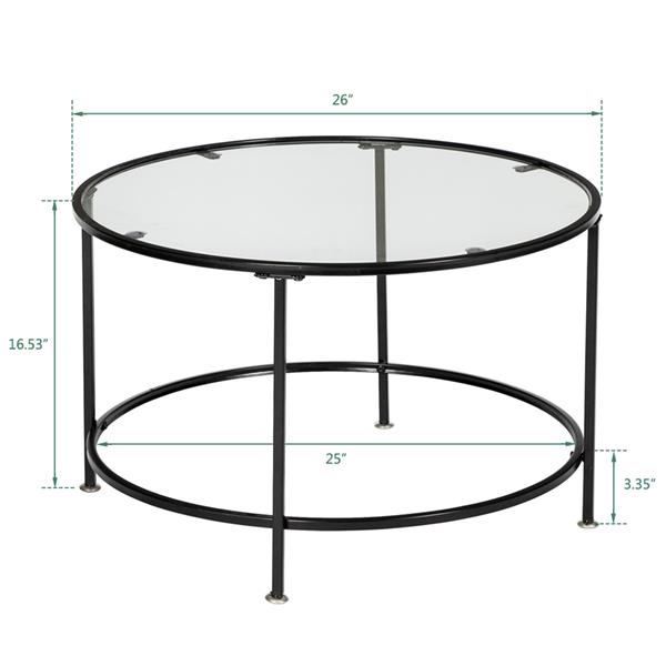 2 Layers 5mm Thick Tempered Glass Countertops Round Wrought Iron Coffee Table Black