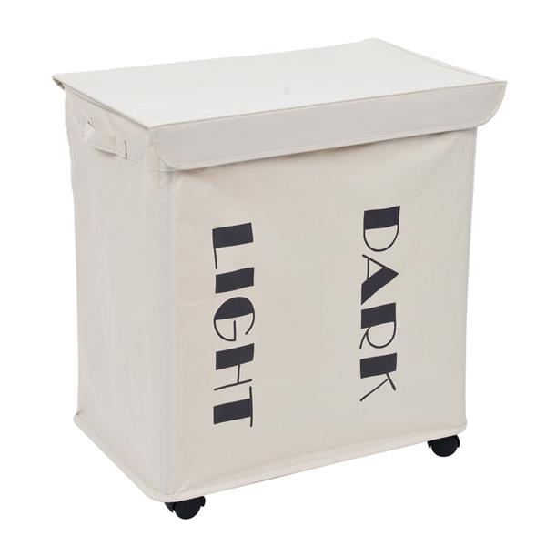 Iron Wire Frame Folding Storage Laundry Basket with Cover & Wheel White 