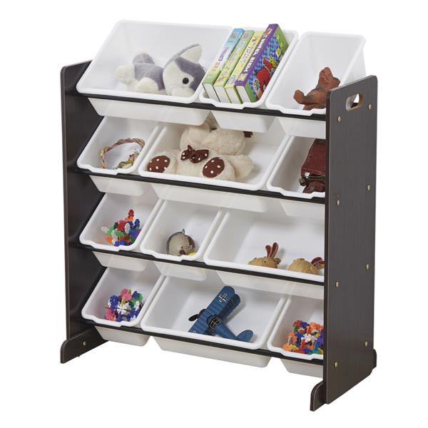 Kids' Toy Storage Organizer with 12 Plastic Bins, Espresso / White