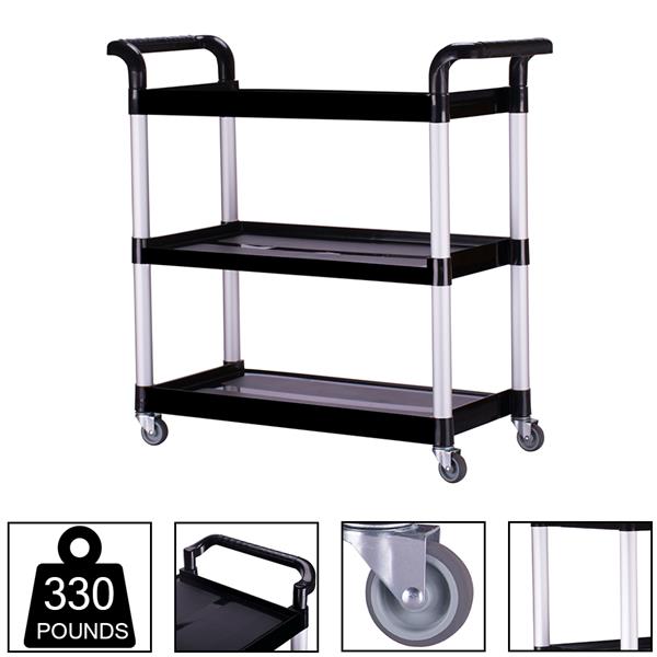 Heavy Duty 3-Shelf Rolling Service / Utility / Push Cart, 330 lbs. Capacity, Black, for Foodservice / Restaurant / Cleaning