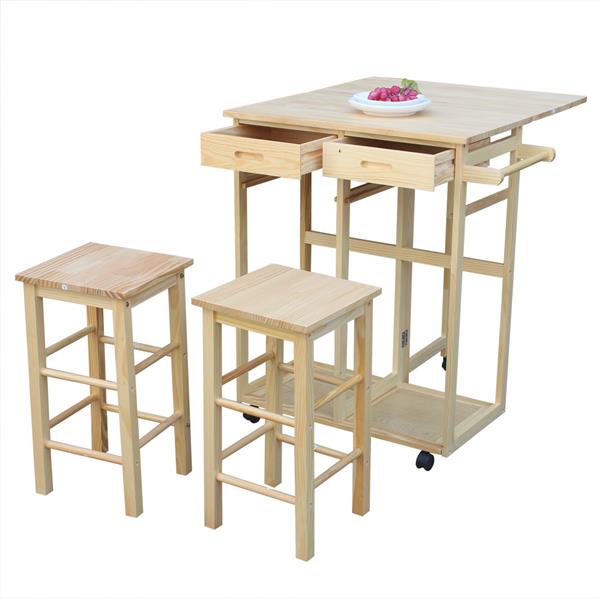 Square Solid Wood Folding Dining Cart with 2 Free Stools Natural