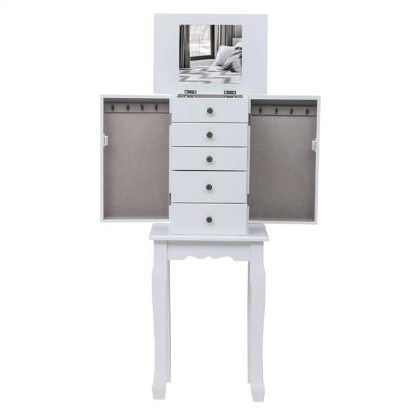 Standing Jewelry Armoire with Mirror, 5 Drawers & 8 Necklace Hooks, Jewelry Cabinet Chest with Top Storage Organizer , 2 Side Swing Doors(White)