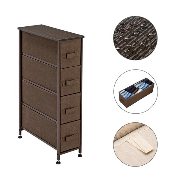 Narrow Dresser, Vertical Storage Unit With 4 Fabric Drawers, Metal Frame, Slim Storage Tower, 7.9" Width, For Living Room, Kitchen, Small Space, Gap, Brown