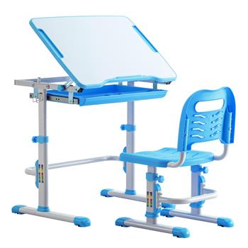 Student Desks and Chairs Set C Style White Lacquered White Surface Blue Plastic [70x38x(52-74)cm]