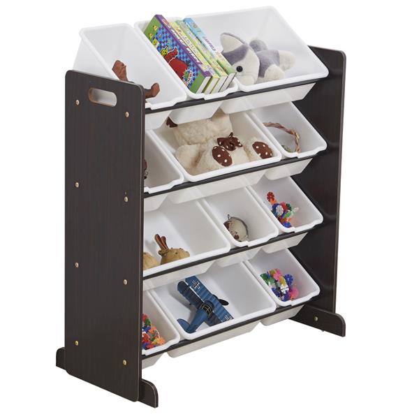 Kids' Toy Storage Organizer with 12 Plastic Bins, Espresso / White