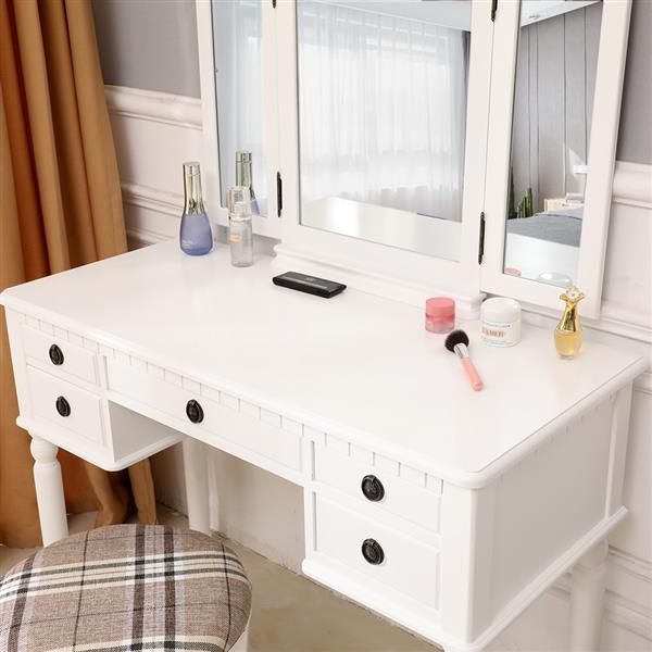 【】Dresser Three-Fold Square Mirror Drawers Roman Column Table/Stool White