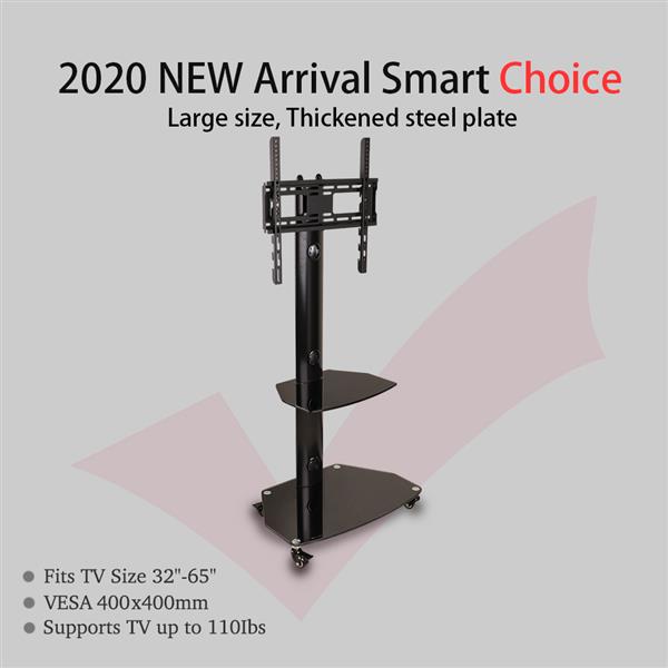 TSG004 32-65" Corner Floor 2-Tier Shelves TV Stand Rolling Cart with Swivel Bracket