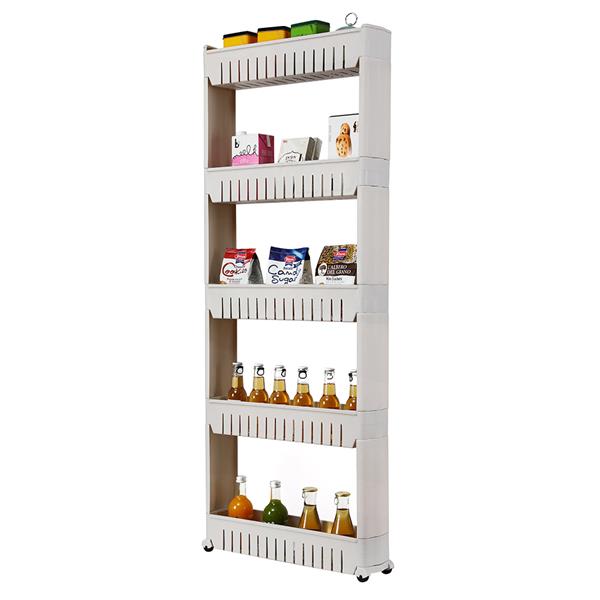 5 Tier Mobile Shelving Unit Organizer Slide Out Storage Tower Slim Storage Tower Rack with Wheels Pull Out Pantry Shelves Cart for Kitchen Bath Room Narrow Spaces-Grey