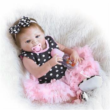 23\\" Beautiful Full Simulation Silicone Baby Girl Reborn Baby Doll in Dots Pattern Dress