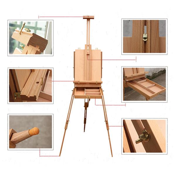 DHX-M Premium Red Beech Portable Sketch Box Oil Painting Easel with Palette 50*34.5*150cm Wood Color