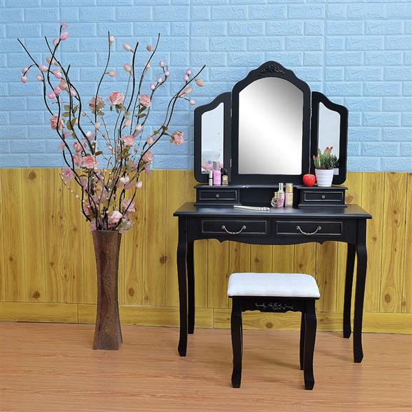 Tri-fold Mirror Dresser with Dressing Stool Black