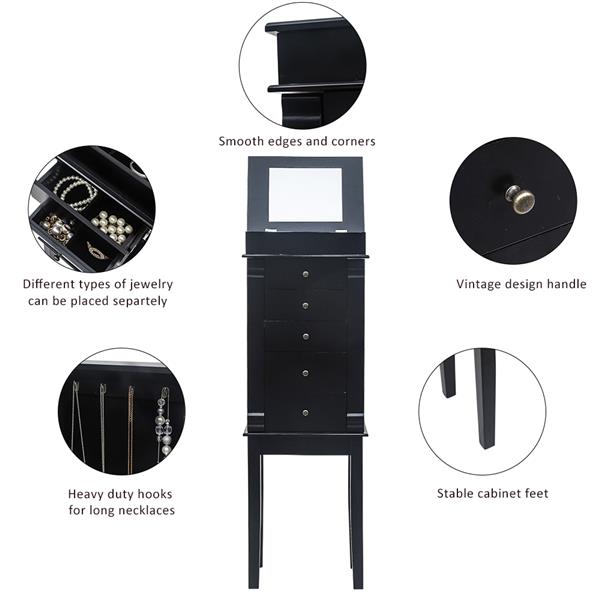 Standing Jewelry Armoire with Mirror, 5 Drawers & 8 Necklace Hooks, Jewelry Cabinet Chest with Top Storage Organizer , 2 Side Swing Doors(Black)
