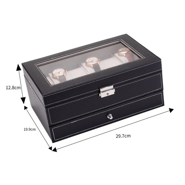 12 Slots Watch Box Mens Watch Organizer Lockable Jewelry Display Case with Real Glass Top Faux Leather Black