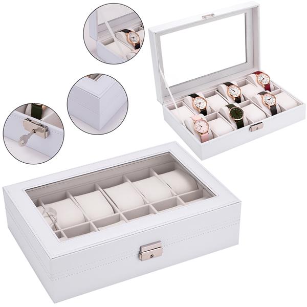 Watch Box 12 Slots Watch Case for Men Women Leather Watch Organizer Holder Display Storage Case with Glass Lid White