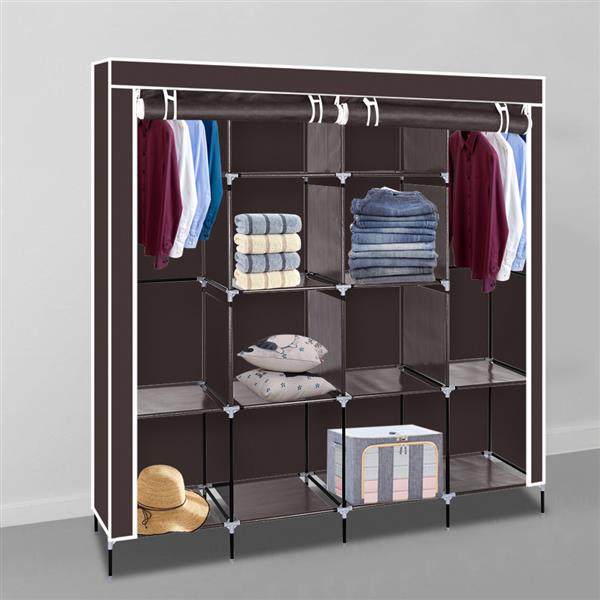 67" Clothes Closet Portable Wardrobe Clothes Storage Rack 12 Shelves 4 Side Pockets Dark Brown 