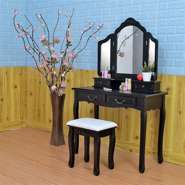 Tri-fold Mirror Dresser with Dressing Stool Black