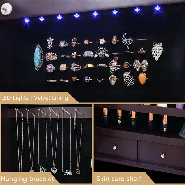 Non full mirror wooden wall mounted 4-layer shelf, 2 drawers, 8 Blue LED lights, jewelry storage mirror cabinet - Dark Brown