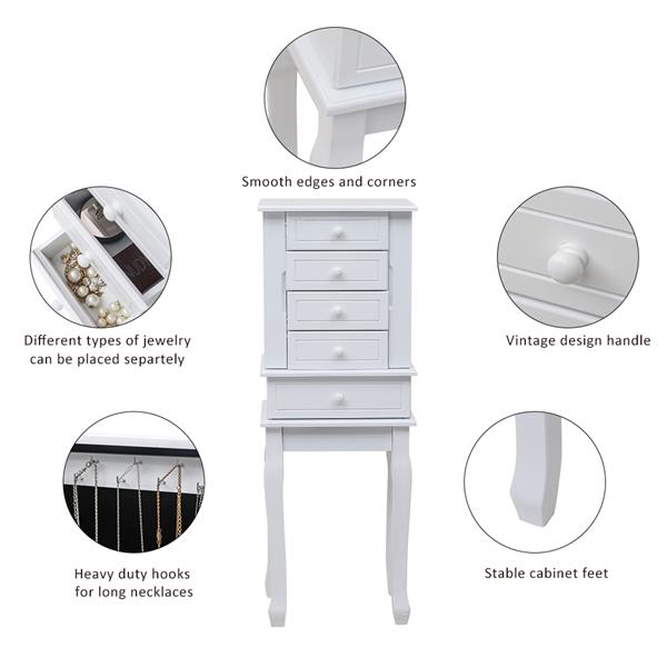 Standing Jewelry Armoire with Mirror, 5 Drawers & 14 Necklace Hooks, Jewelry Cabinet Chest with Removable Ring Storage Slot and Top Storage Organizer , 2 Side Swing Doors(White)