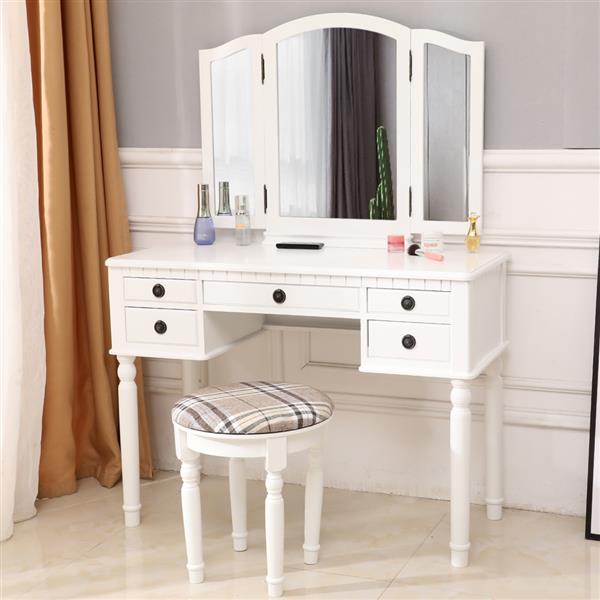 【】Dresser Three-Fold Square Mirror Drawers Roman Column Table/Stool White