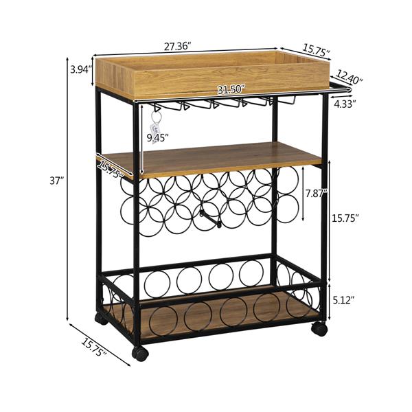 Industrial Wine Rack Cart Kitchen Rolling Storage Bar Wood Table Serving Trolley