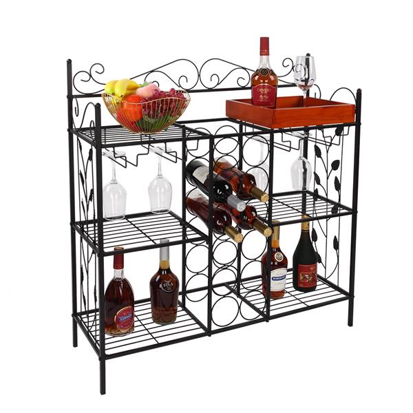 Black Metal Six (6) Shelf Kitchen Bakers Rack Console Table with 12 Bottles Wine Storage and 12 Glass Holder