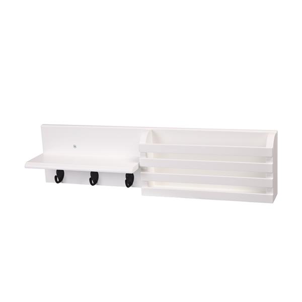 Wall Shelf and Mail Holder with 3 Hooks, 24-Inch by 6-Inch, White