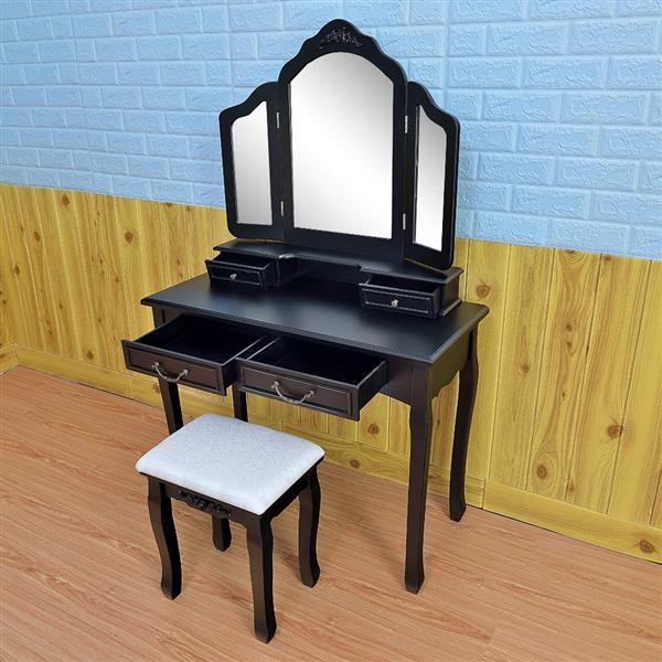 Tri-fold Mirror Dresser with Dressing Stool Black